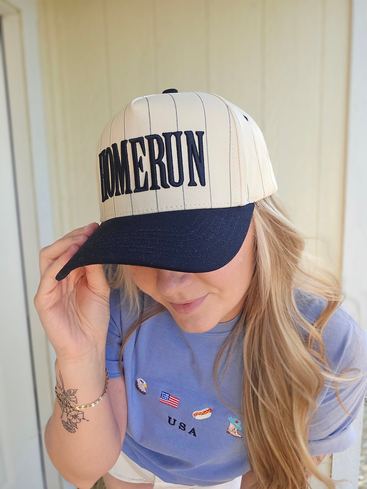HOMERUN Black Pinstripe Embroidered Trucker Hat