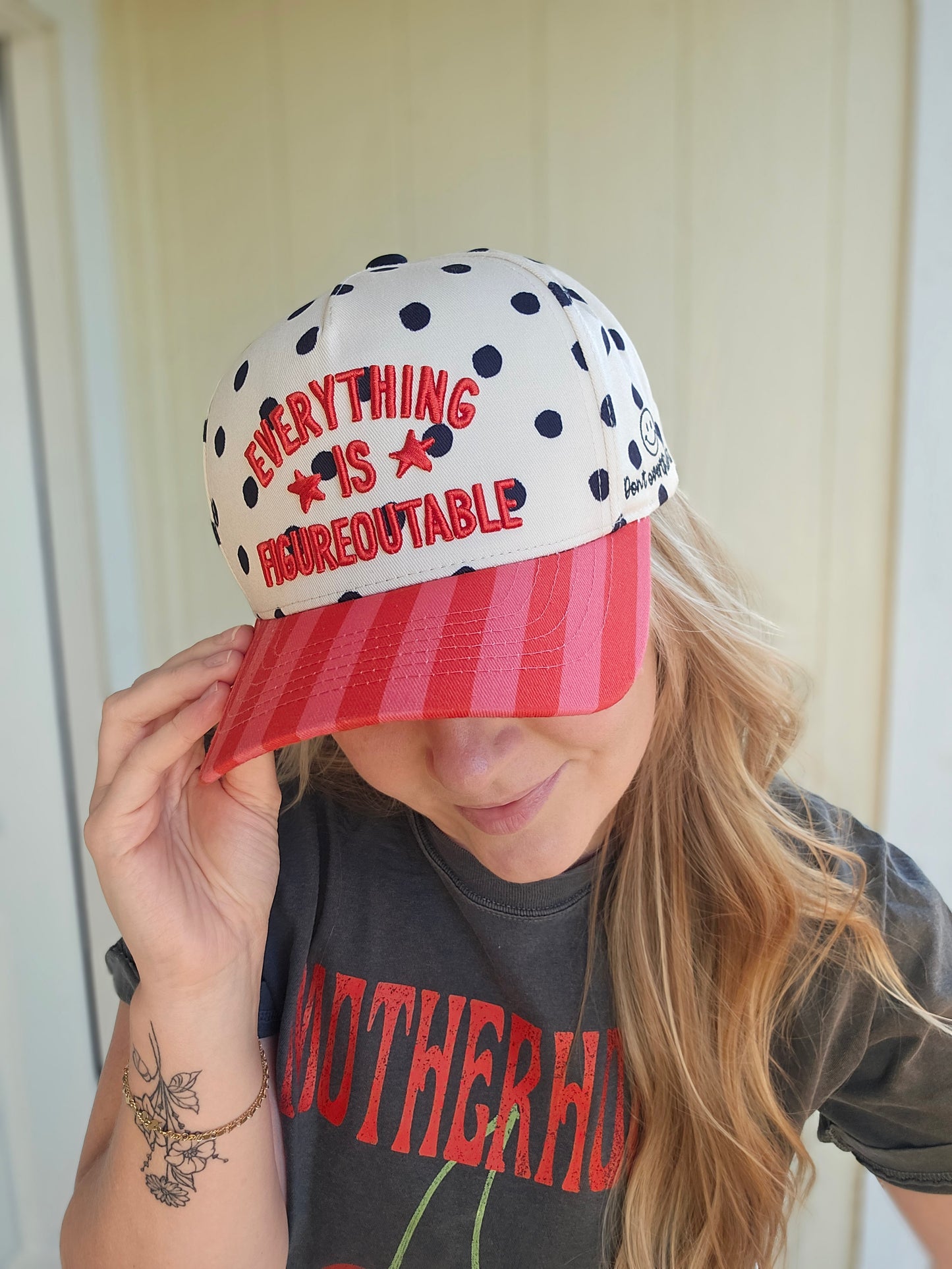 EVERYTHING IS FIGUREOUTABLE Red Stripe/Polka Dot Embroidered Hat
