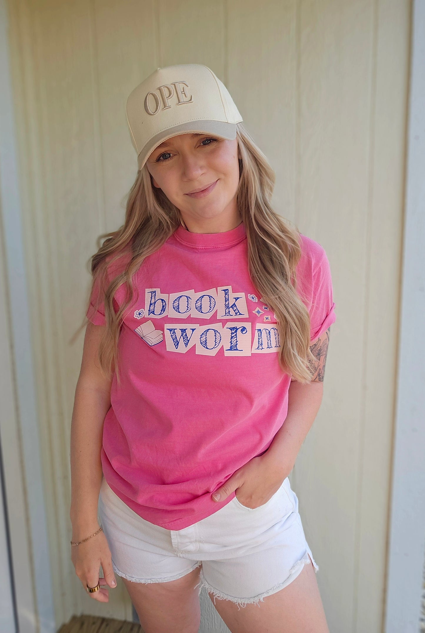 BOOK WORM Pink Berry Vintage Wash Tee