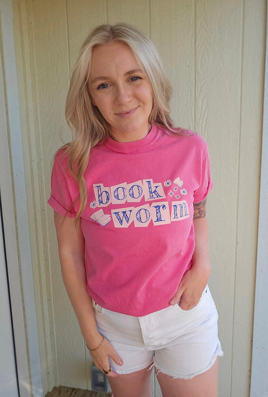BOOK WORM Pink Berry Vintage Wash Tee