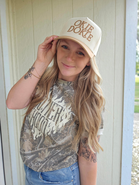 OKIE DOKIE Two-Tone Beige/Tan Trucker Hat