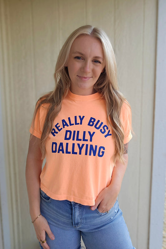 BUSY DILLY DALLYING Neon Peach Vintage Wash Crop Tee