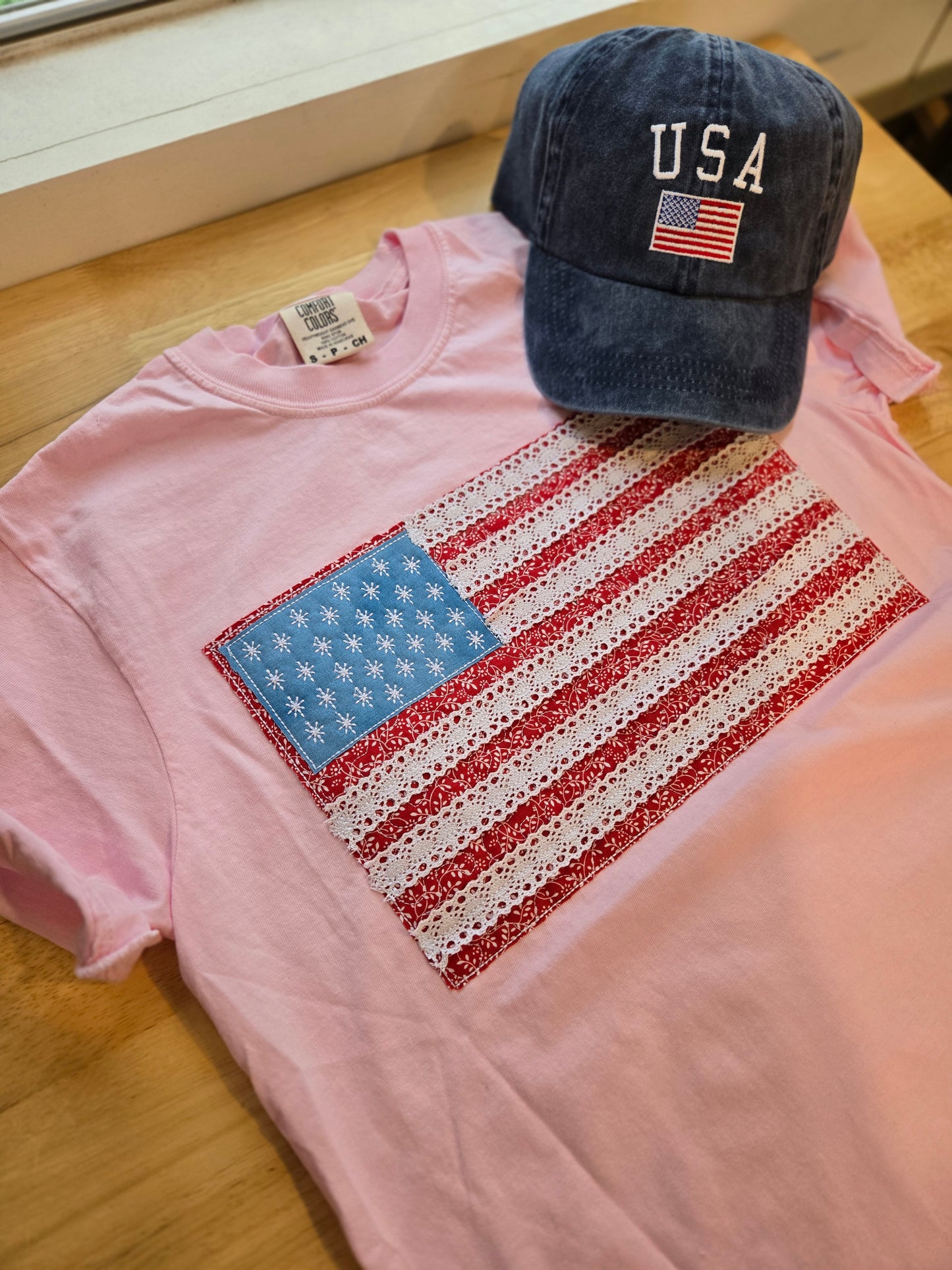 RAGGY FLAG Applique Embroidered Pink Short Sleeve Tee