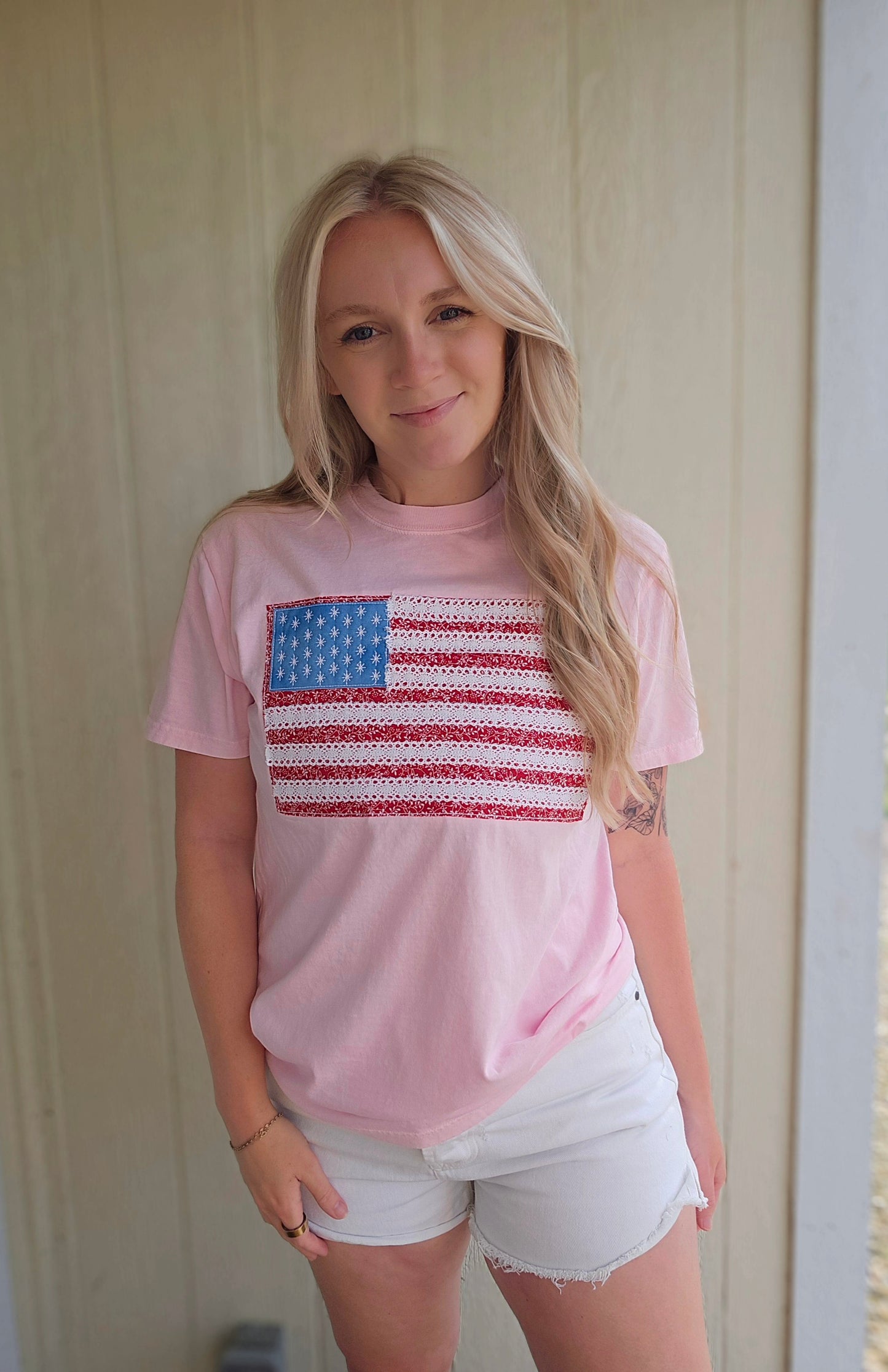 RAGGY FLAG Applique Embroidered Pink Short Sleeve Tee