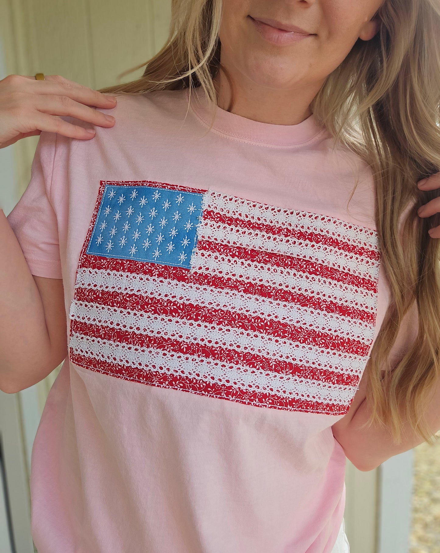 RAGGY FLAG Applique Embroidered Pink Short Sleeve Tee