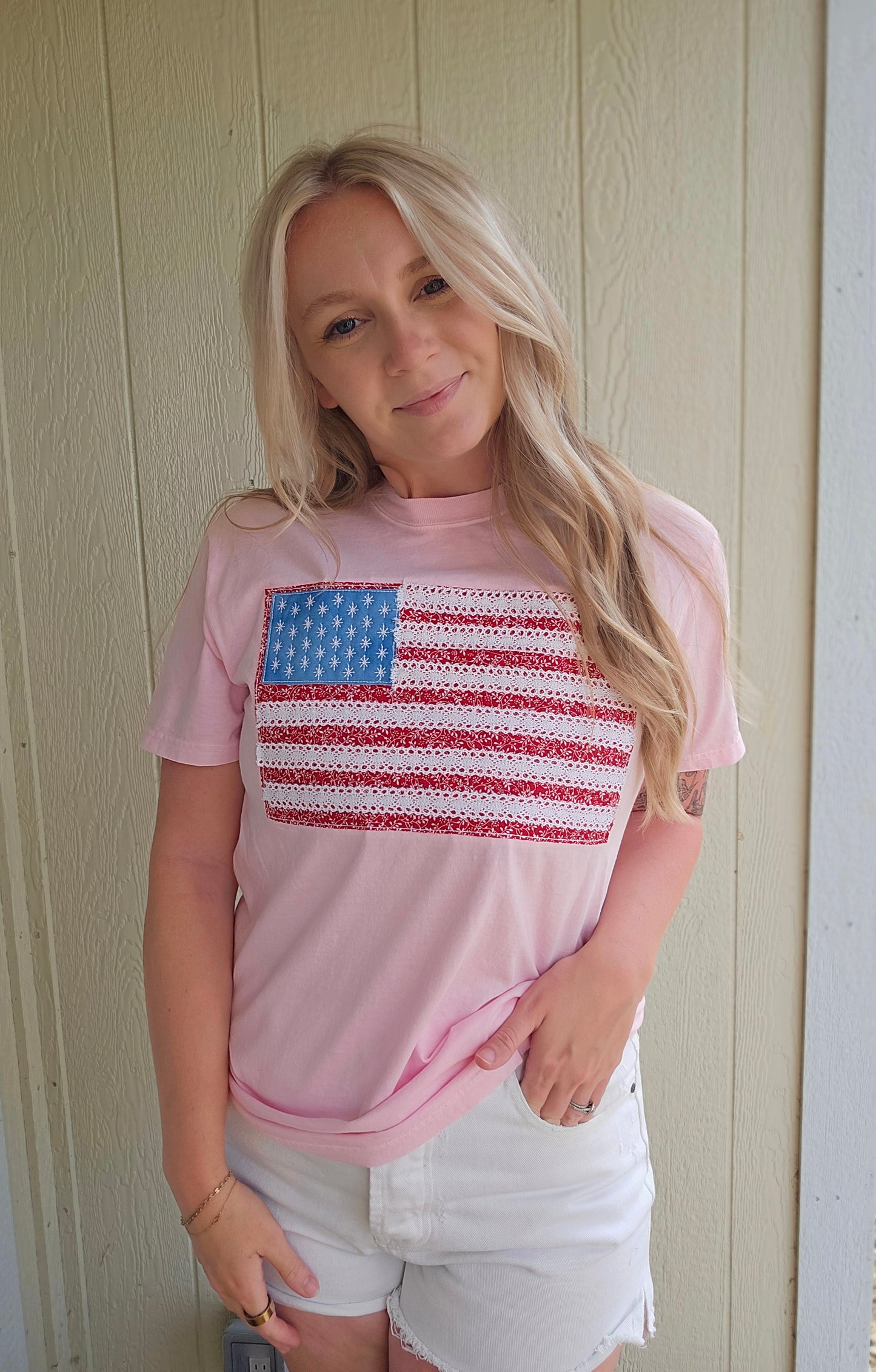 RAGGY FLAG Applique Embroidered Pink Short Sleeve Tee