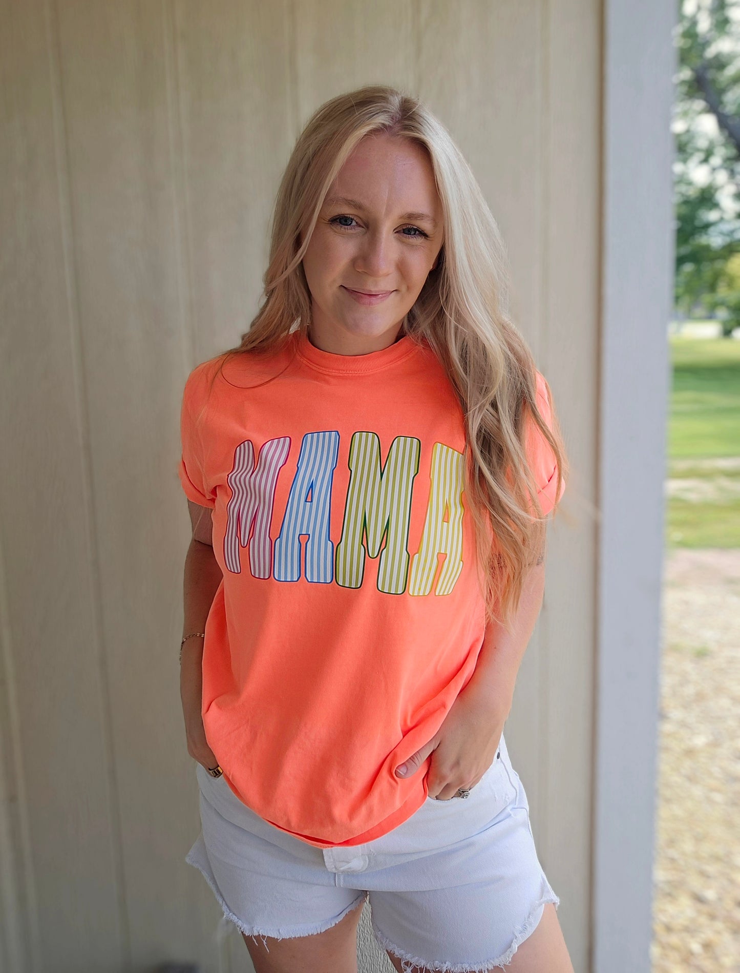 MAMA STRIPE Neon Orange Vintage Wash Tee