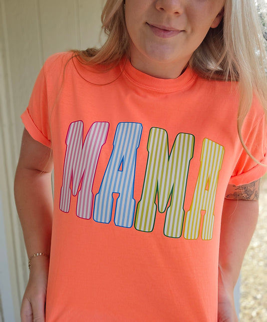 MAMA STRIPE Neon Orange Vintage Wash Tee