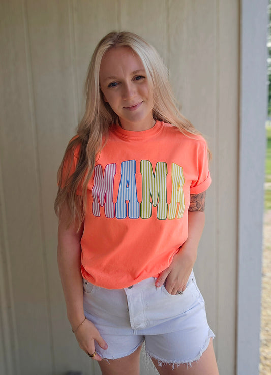 MAMA STRIPE Neon Orange Vintage Wash Tee