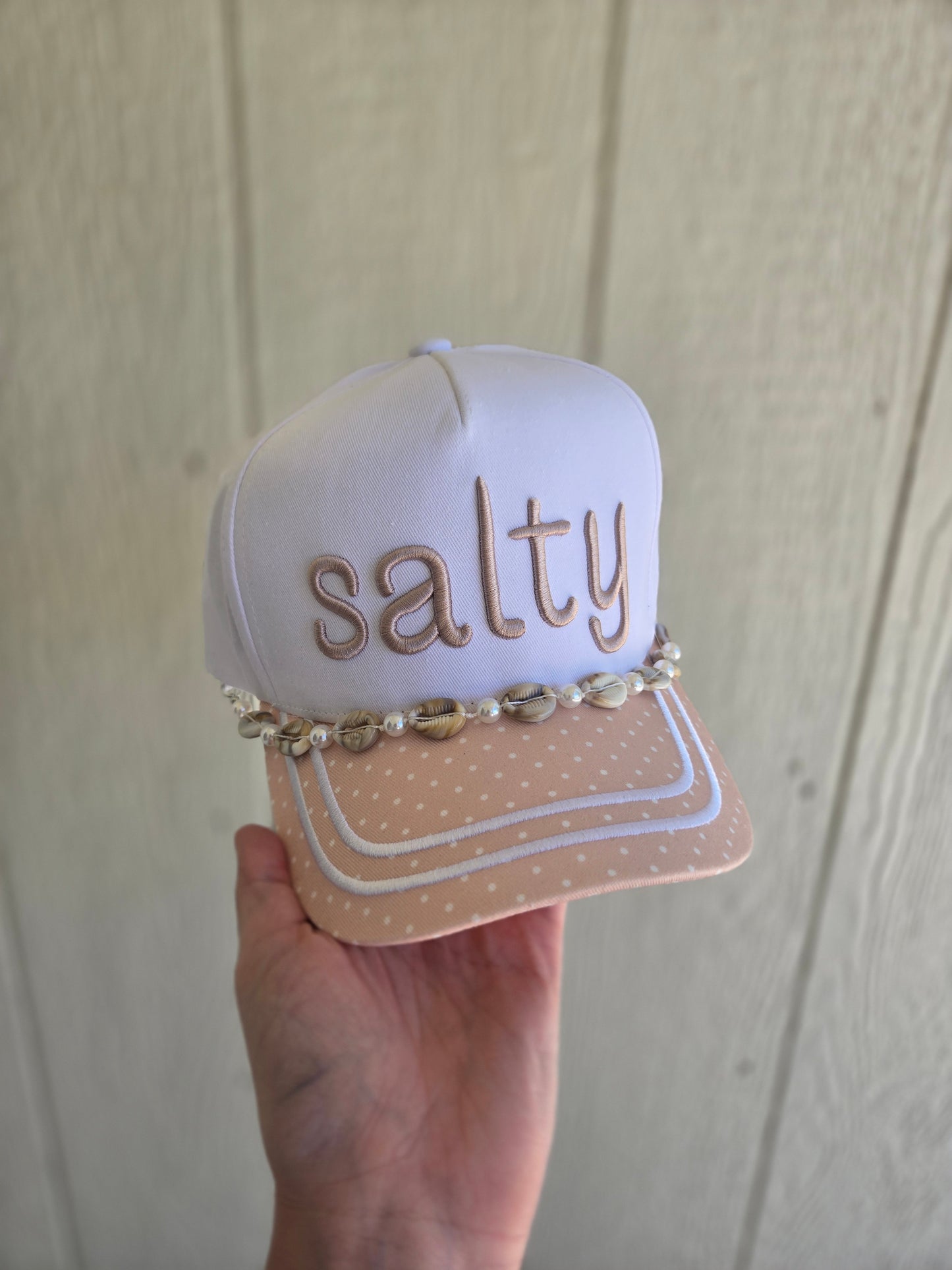 SALTY Seashell Beige/White Polka Dot Trucker Hat