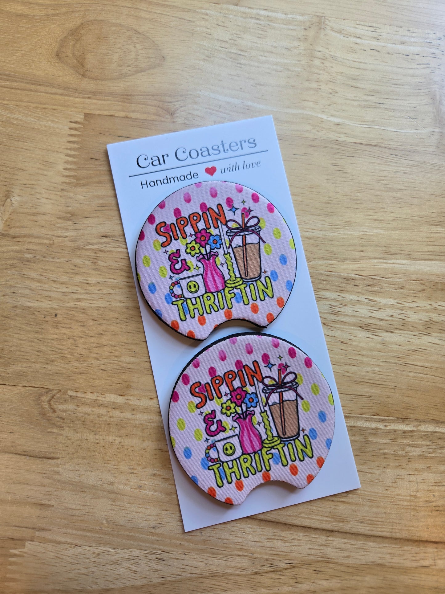 SIPPIN' & THRIFTIN' Car Coasters (Set of 2)