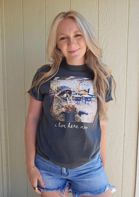 I LIVE HERE NOW TEACHER Charcoal Vintage Wash Tee