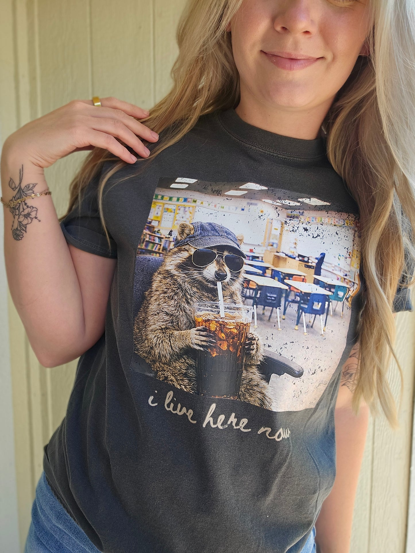 I LIVE HERE NOW TEACHER Charcoal Vintage Wash Tee