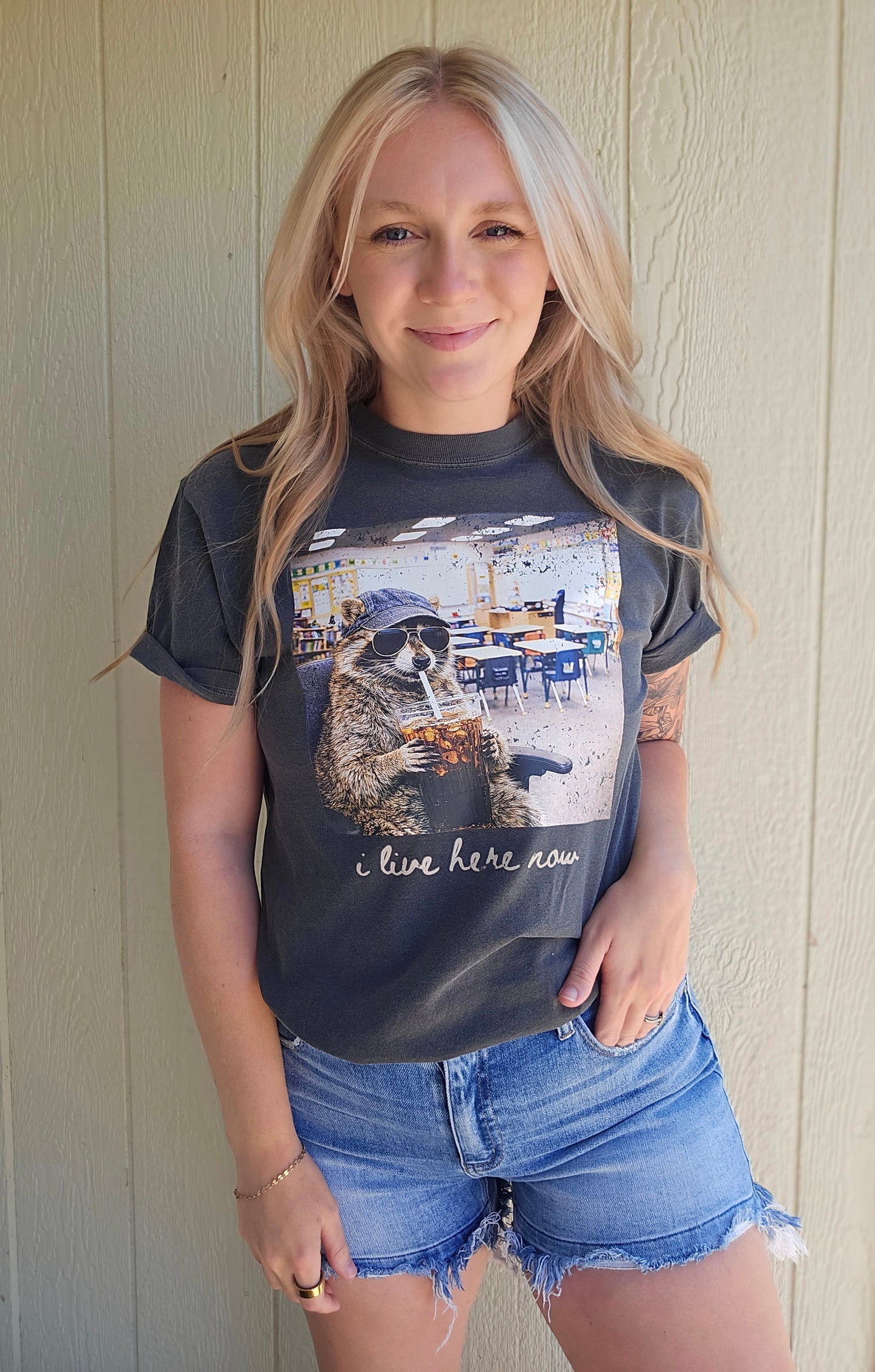 I LIVE HERE NOW TEACHER Charcoal Vintage Wash Tee