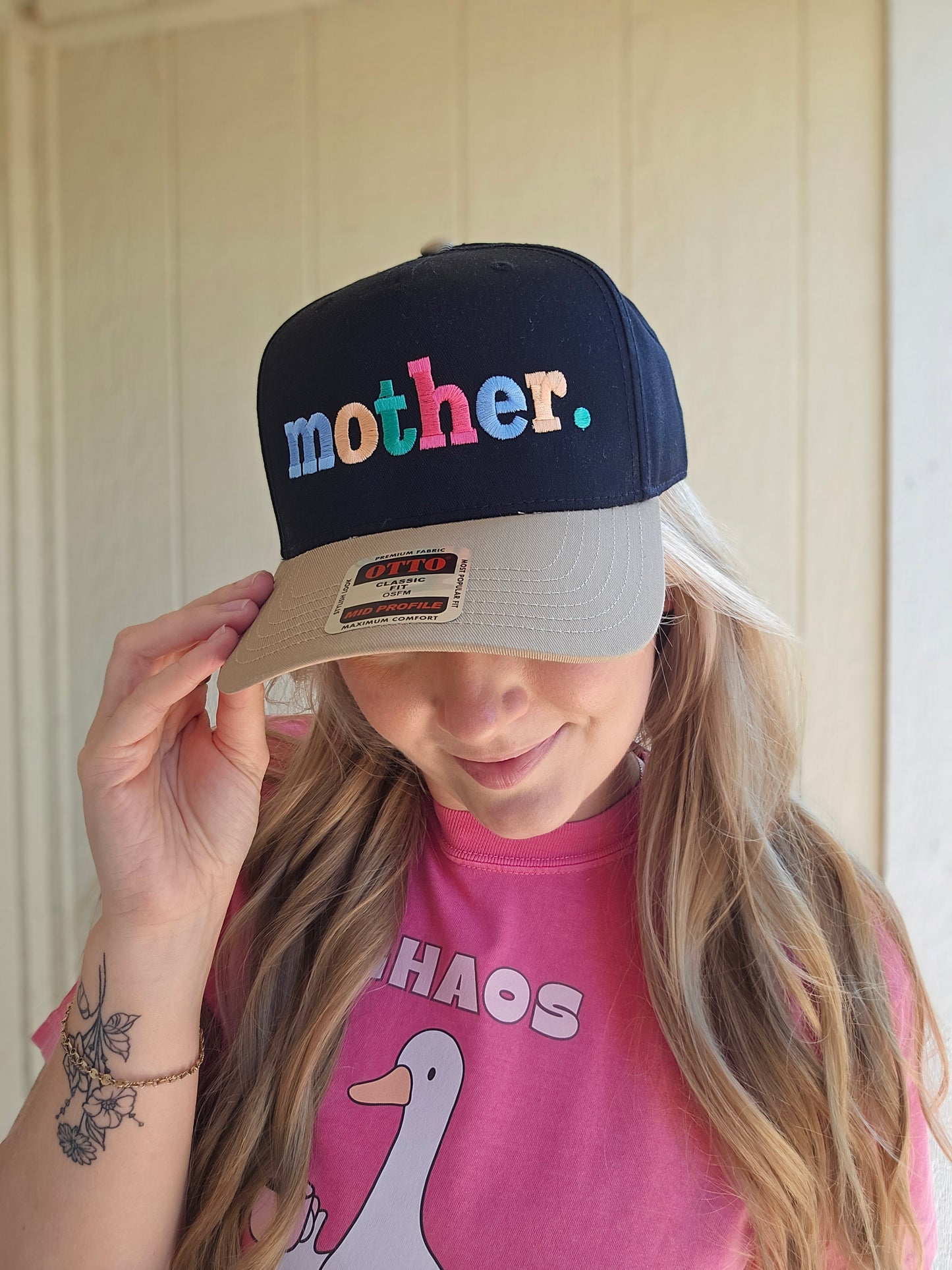 MOTHER. Black/Taupe Embroidered Trucker Hat