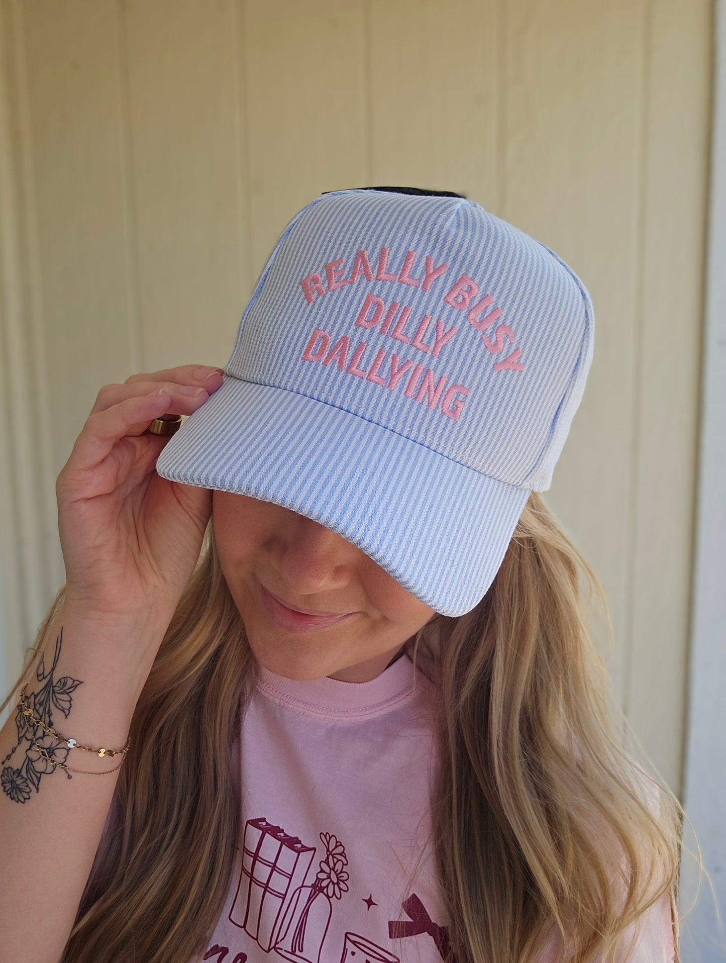 BUSY DILLY DALLYING Blue Stripe Embroidered Trucker Hat