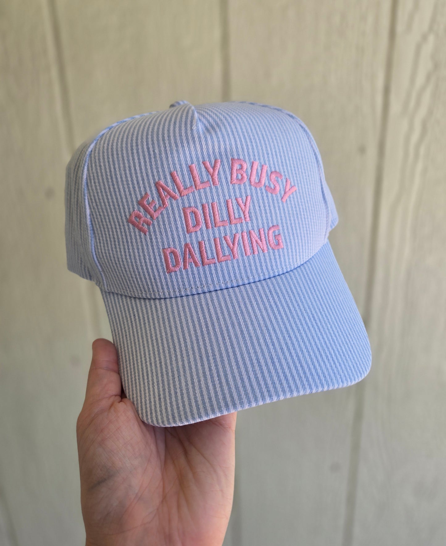 BUSY DILLY DALLYING Blue Stripe Embroidered Trucker Hat