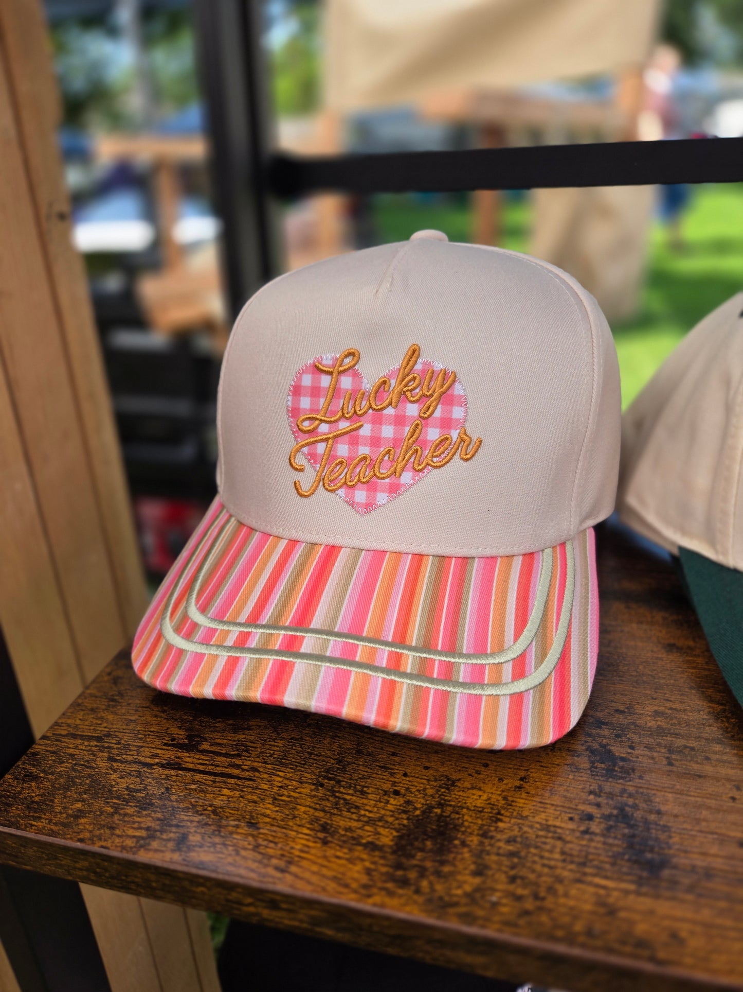 LUCKY TEACHER Gingham Stripe Trucker Hat