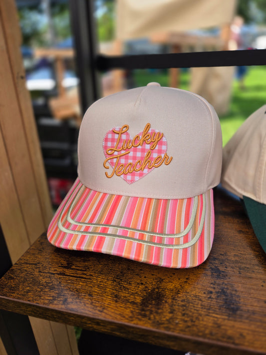 LUCKY TEACHER Gingham Stripe Trucker Hat