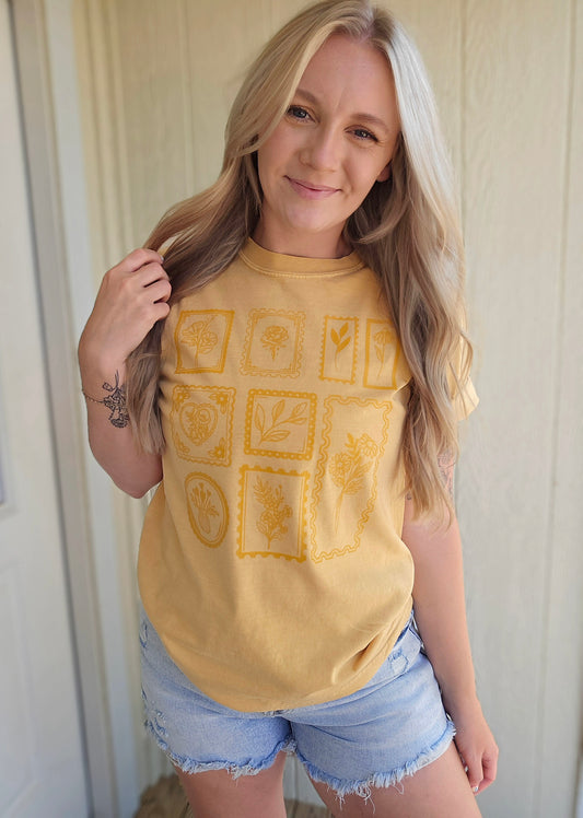 BOHO FLOWER STAMPS Mustard Vintage Wash Tee
