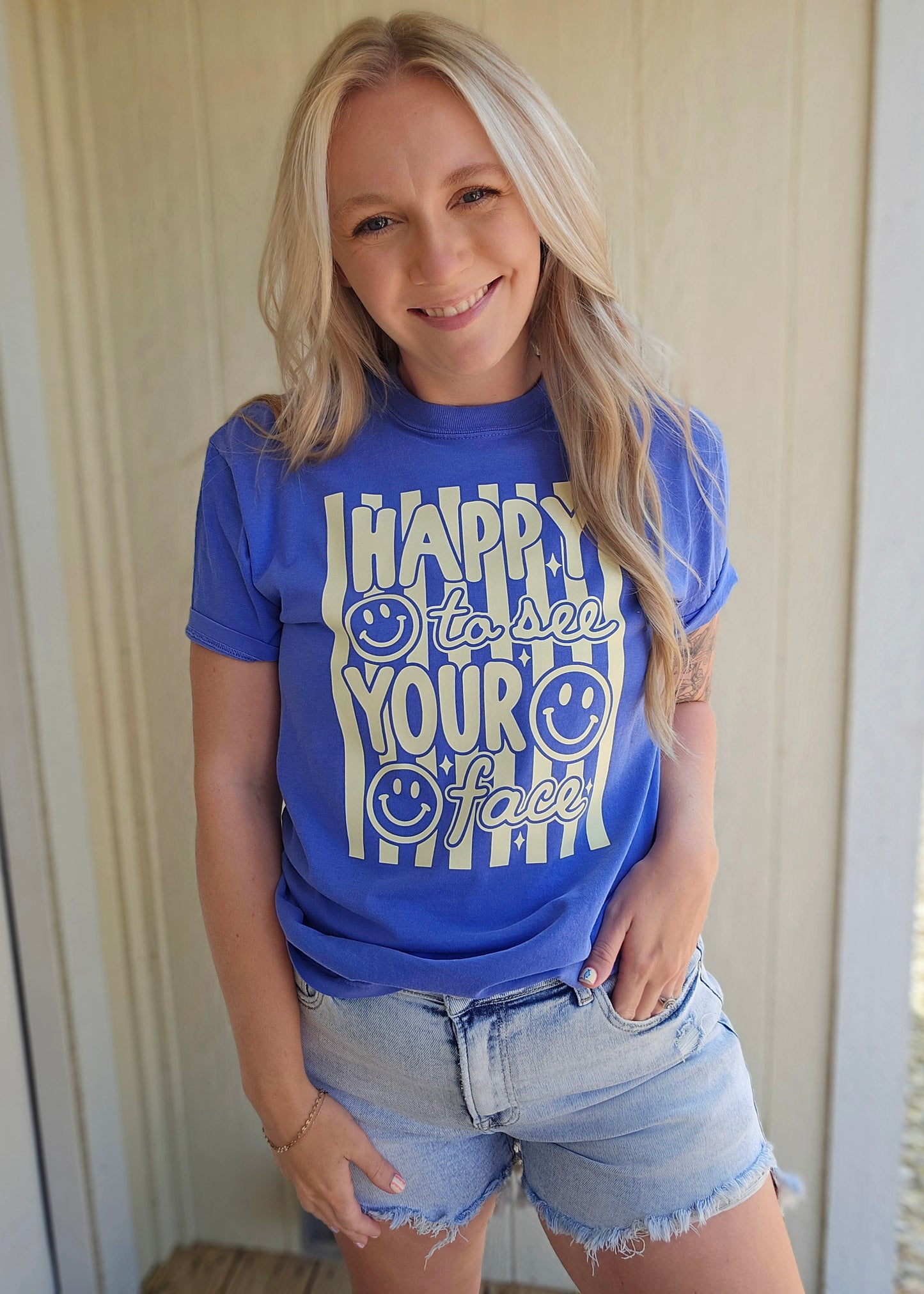 HAPPY TO SEE YOUR FACE Flo Blue Vintage Wash Tee