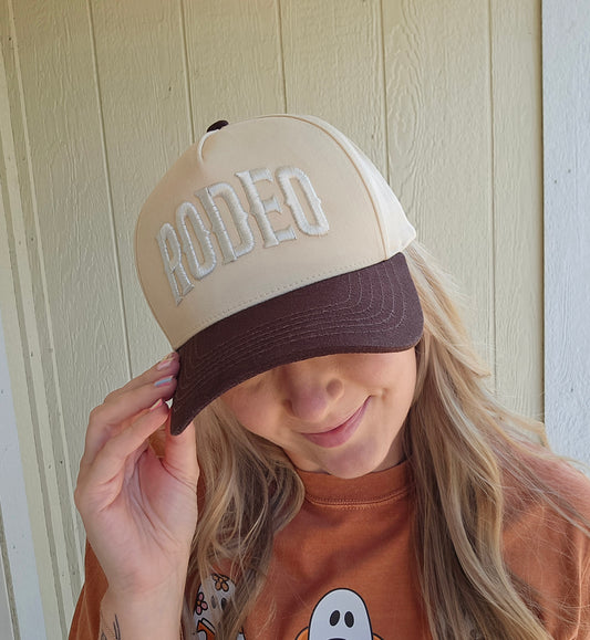 RODEO Puff Embroidered Two-Tone Beige/Brown Trucker Hat