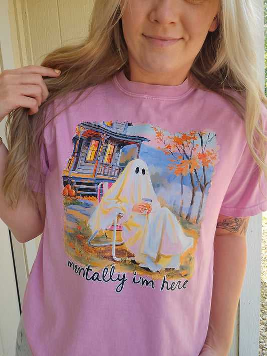 MENTALLY I'M HERE Watercolor Rose Vintage Wash Tee