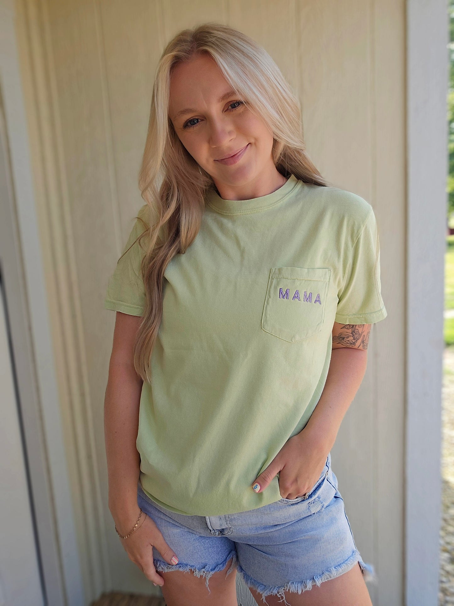 MAMA Light Green/Purple Embroidered Pocket Short Sleeve Tee