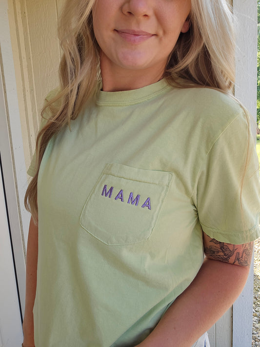 MAMA Light Green/Purple Embroidered Pocket Short Sleeve Tee