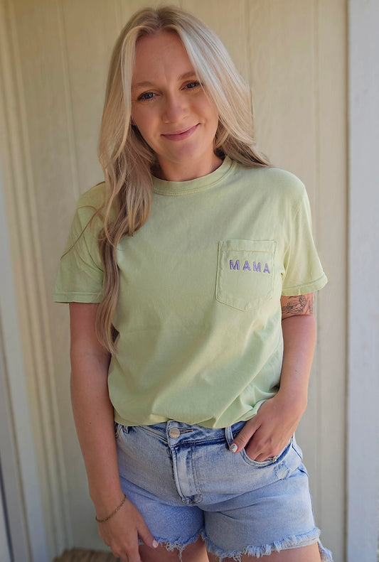 MAMA Light Green/Purple Embroidered Pocket Short Sleeve Tee