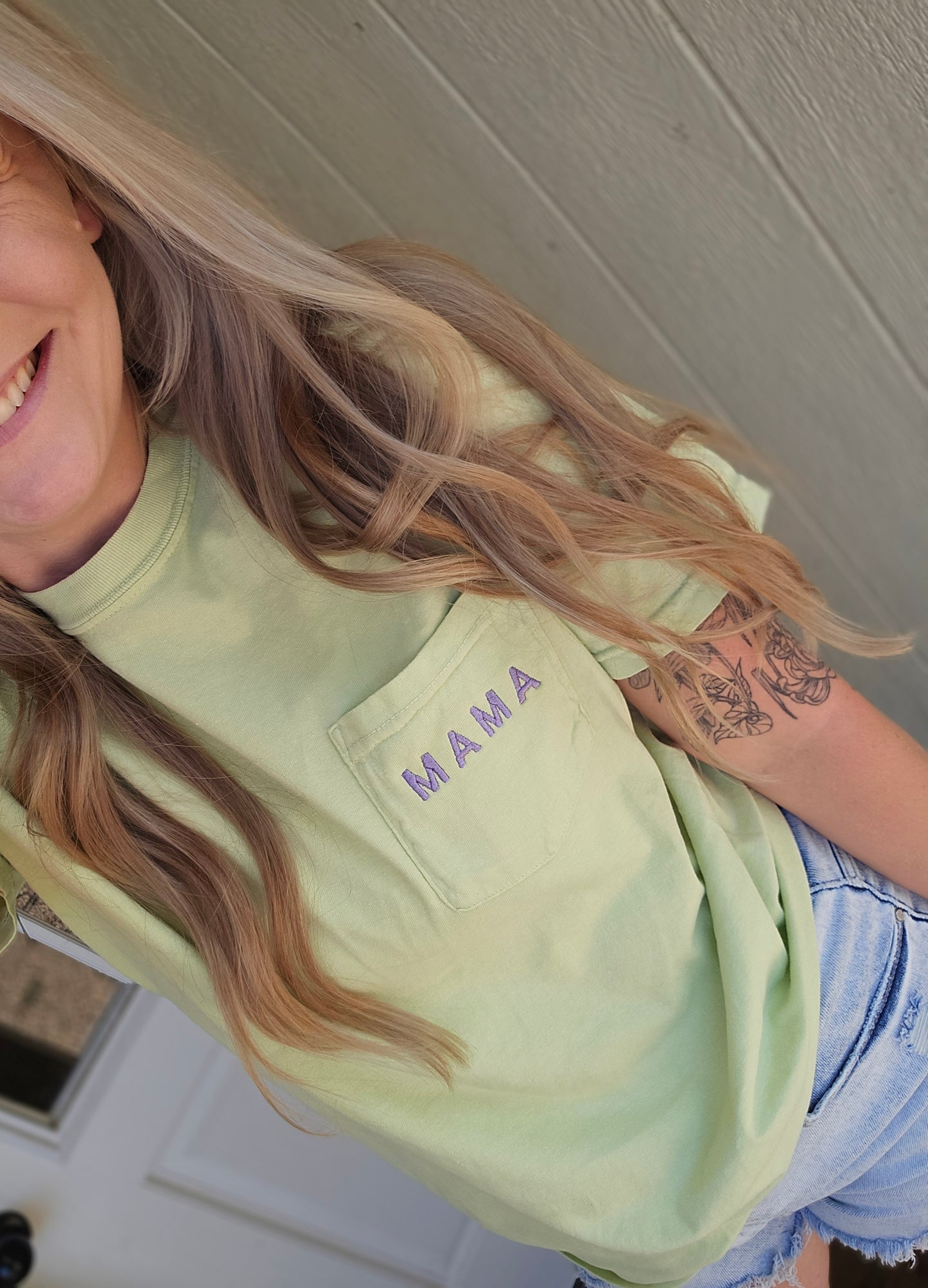 MAMA Light Green/Purple Embroidered Pocket Short Sleeve Tee