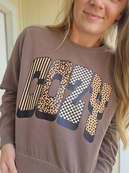 COZY MULTI-PATTERN Espresso Mid-Length Vintage Wash Sweatshirt
