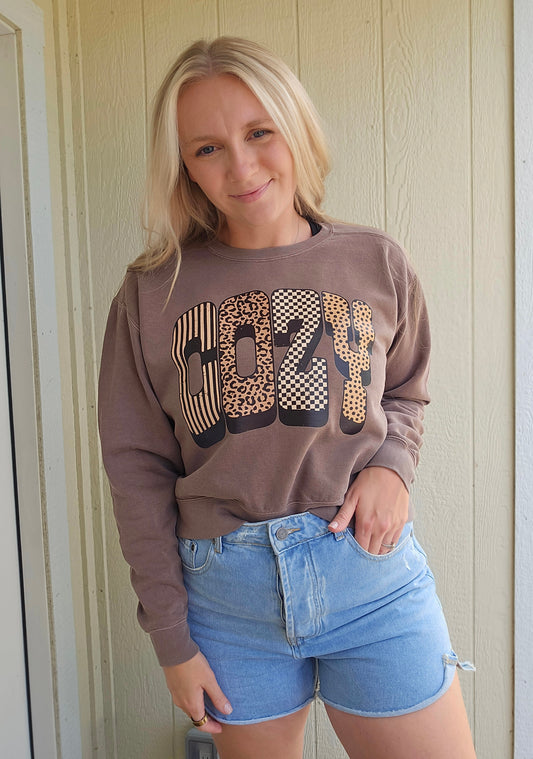COZY MULTI-PATTERN Espresso Mid-Length Vintage Wash Sweatshirt