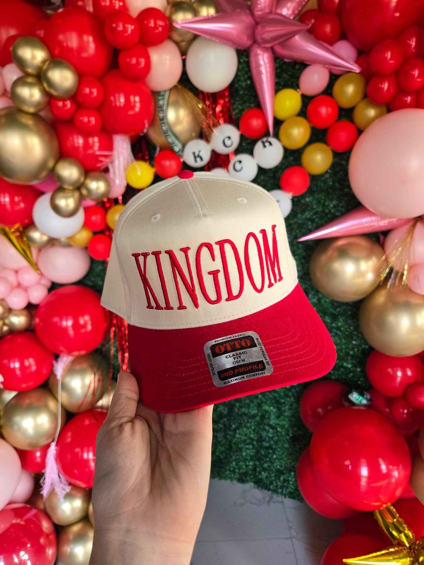 KINGDOM Puff Embroidered Two-Tone Red/Beige Trucker Hat
