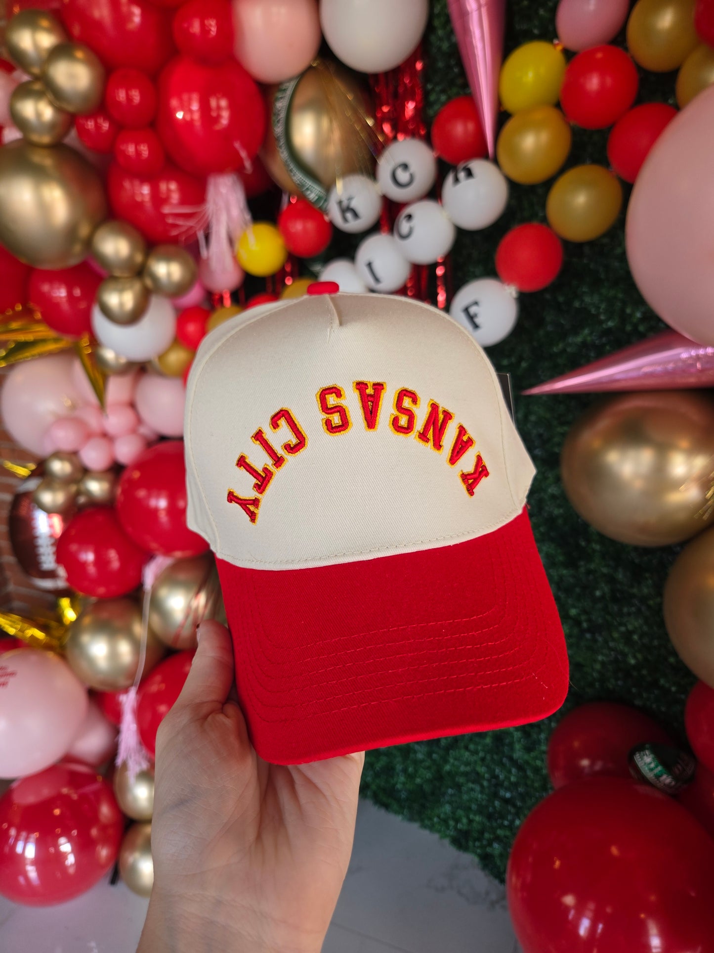KANSAS CITY Upside Down Puff Embroidered Red/Beige Trucker Hat