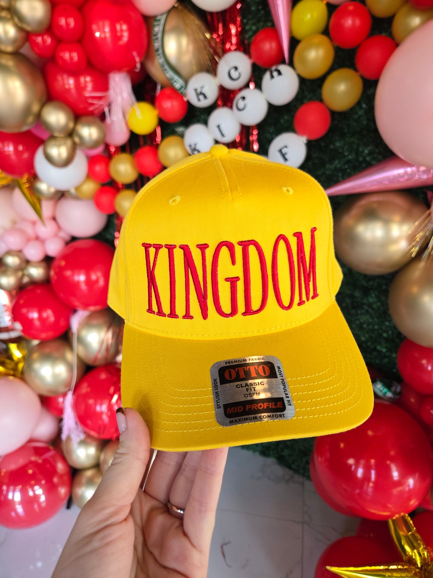 KINGDOM Puff Embroidered Yellow Trucker Hat