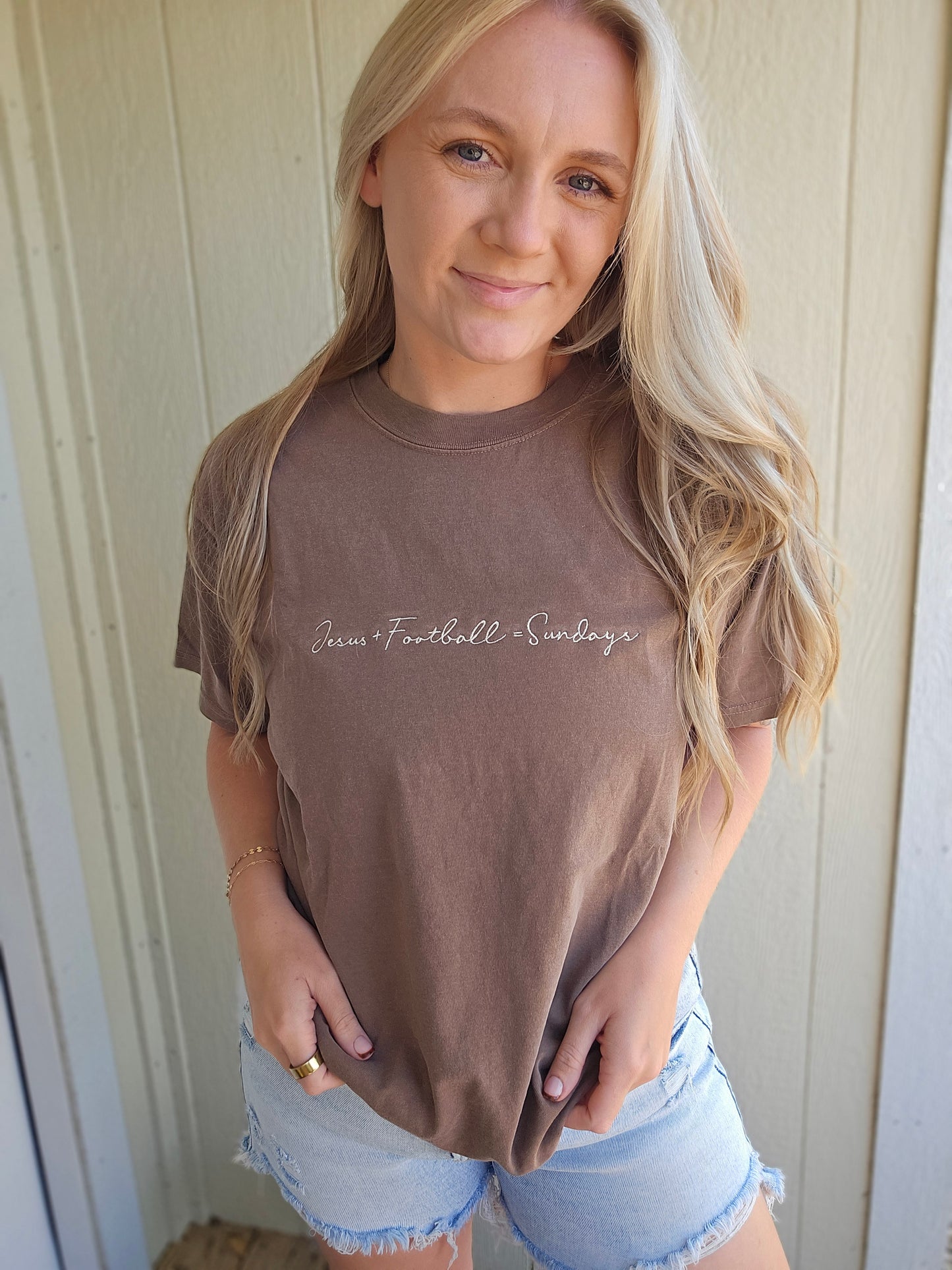 JESUS + FOOTBALL = SUNDAYS Embroidered Espresso Short Sleeve Tee