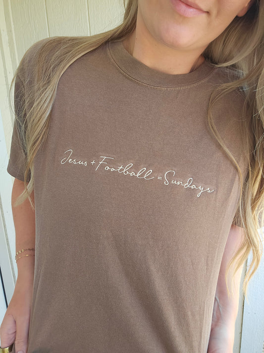 JESUS + FOOTBALL = SUNDAYS Embroidered Espresso Short Sleeve Tee