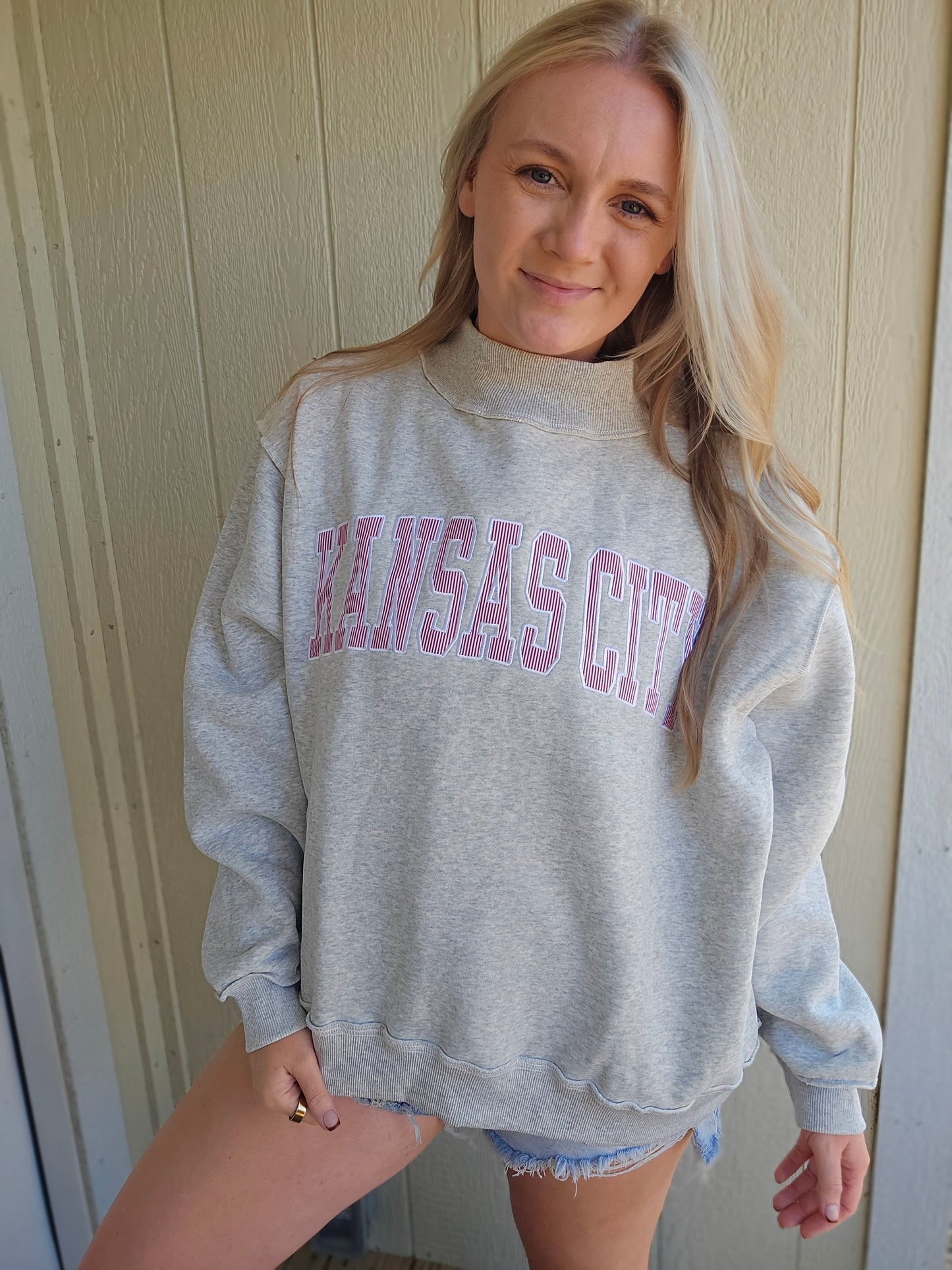 KANSAS CITY Stripe Embroidered Grey Mock Neck Sweatshirt