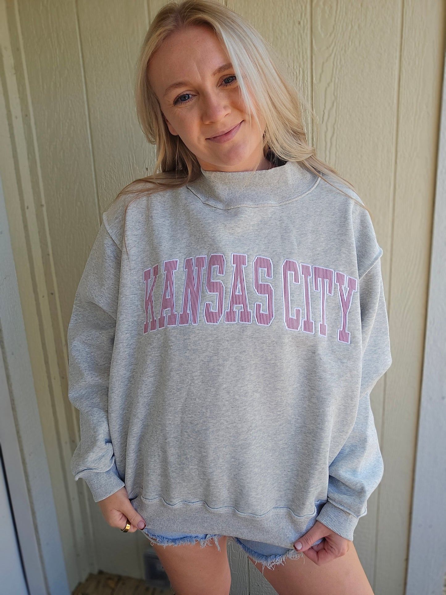 KANSAS CITY Stripe Embroidered Grey Mock Neck Sweatshirt