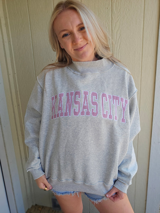 KANSAS CITY Stripe Embroidered Grey Mock Neck Sweatshirt