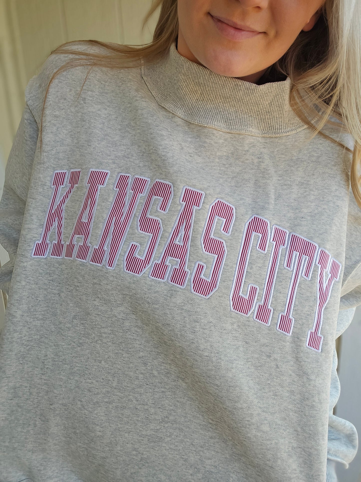 KANSAS CITY Stripe Embroidered Grey Mock Neck Sweatshirt