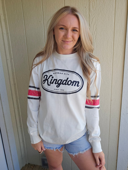 KC KINGDOM Vintage Red Stripe Sleeve Ivory Crewneck