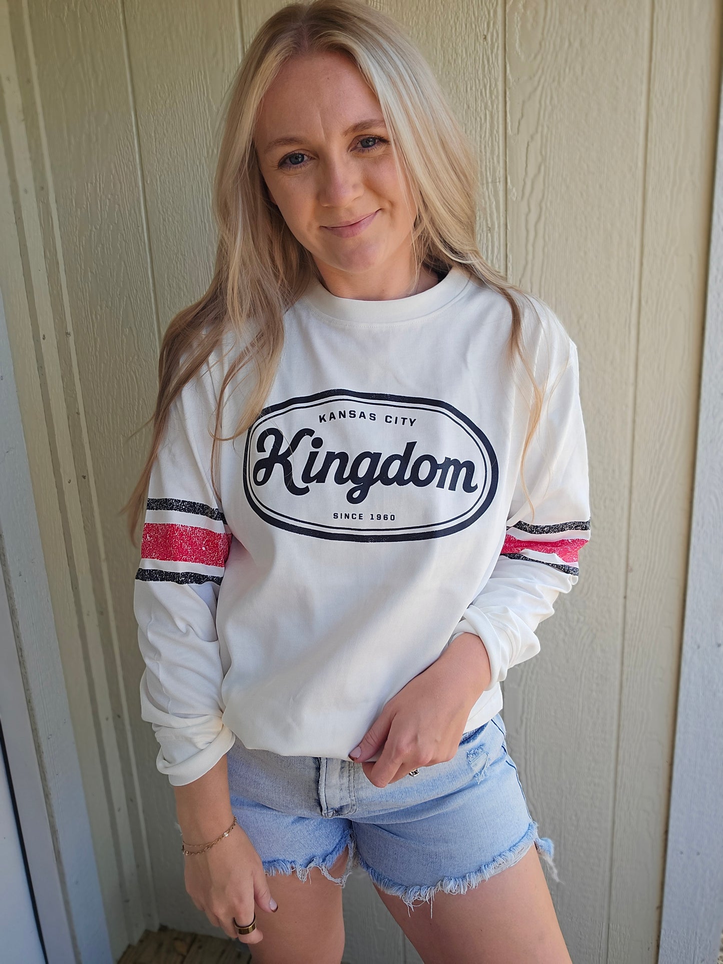 KC KINGDOM Vintage Red Stripe Sleeve Ivory Crewneck