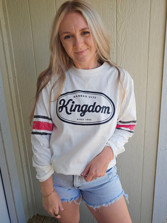 KC KINGDOM Vintage Red Stripe Sleeve Ivory Crewneck