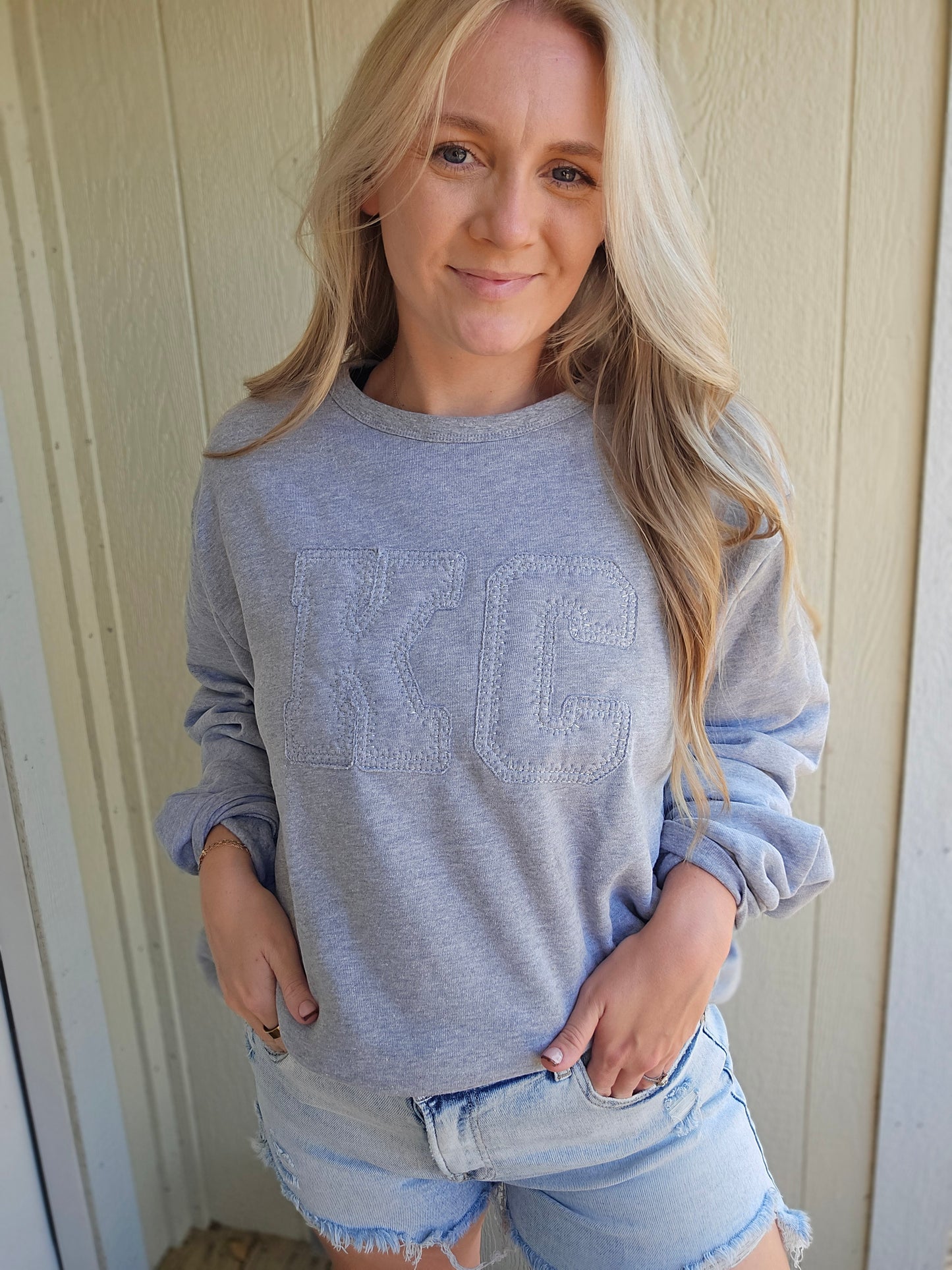 KC RAGGY Cross Stitch Embroidered Ash Grey Crewneck