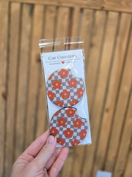 ORANGE FLOWER CHECK Car Coasters (Set of 2)