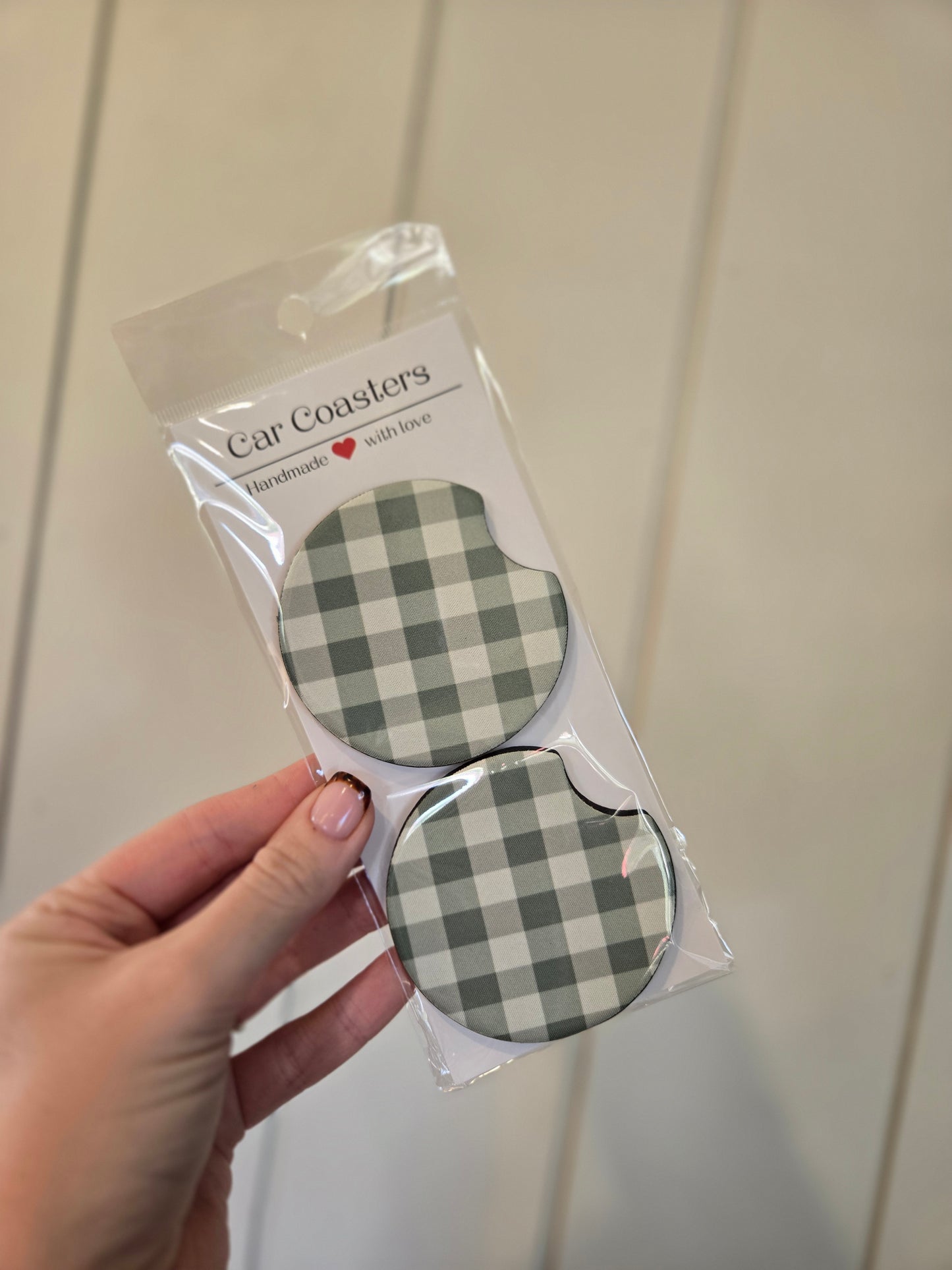 GREEN GINGHAM Car Coasters (Set of 2)
