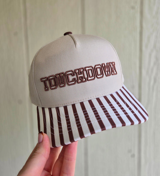 TOUCHDOWN Puff Embroidered Brown Stripe Trucker Hat