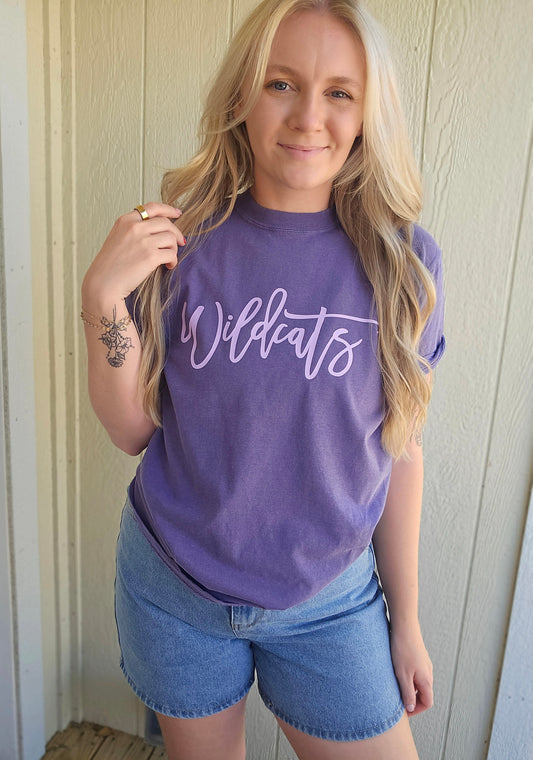 WILDCATS Script Deep Purple Vintage Wash Tee